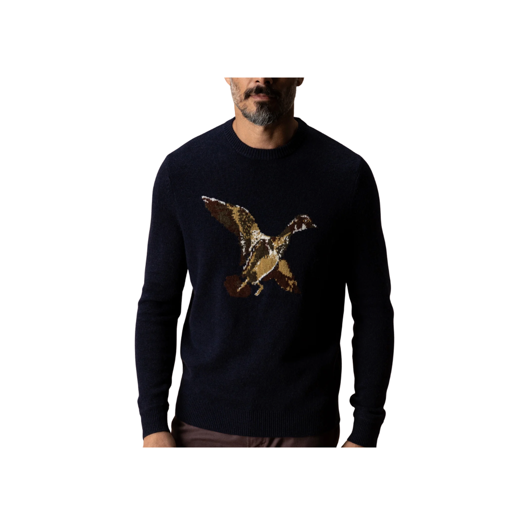 Flying Wood Duck Intarsia Crewneck Sweater - Deep Navy Heather