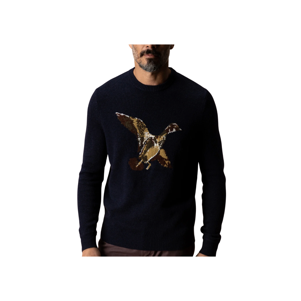 Flying Wood Duck Intarsia Crewneck Sweater - Deep Navy Heather