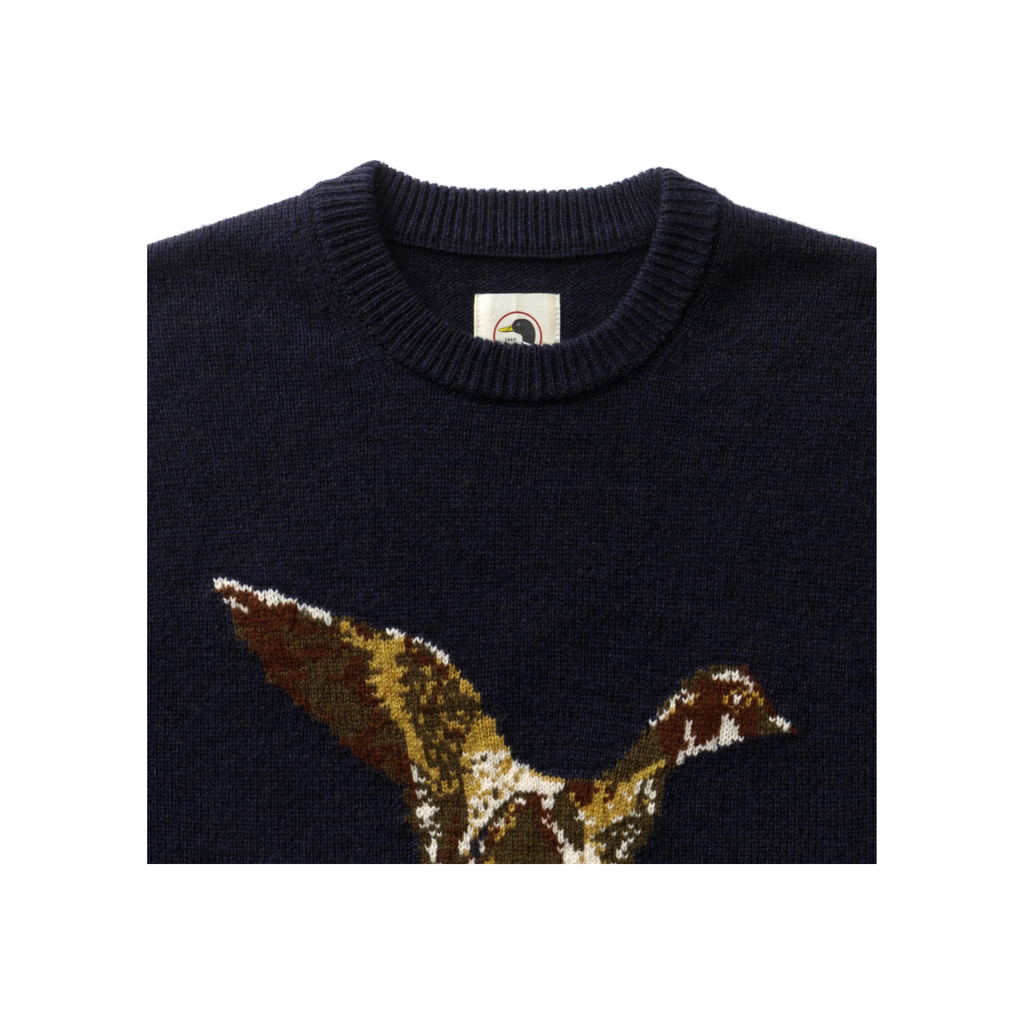 Flying Wood Duck Intarsia Crewneck Sweater - Deep Navy Heather