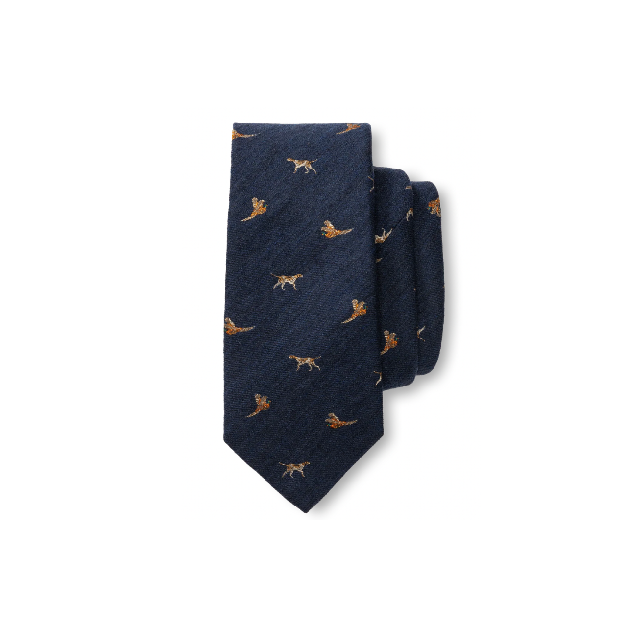 Wool/Silk Dog & Pheasant Motif Tie - Indigo Blue