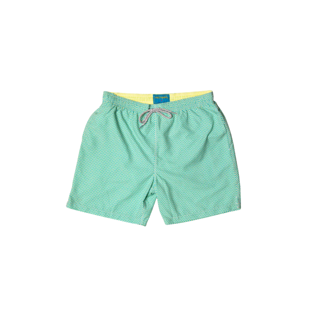 Mesh Liner Swim Trunks - Wave Print Aqua/Yellow